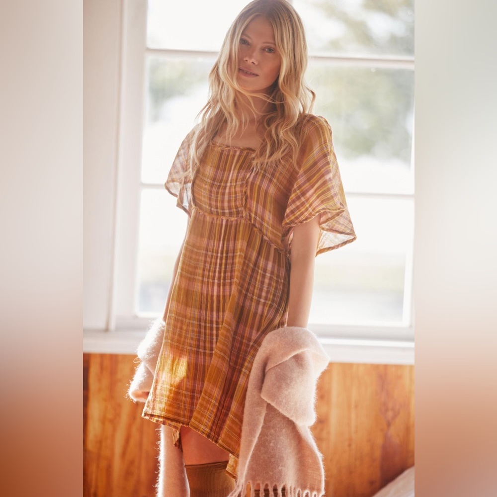 NWT Anthropologie Mixed Gauze Plaid Mini Dress - Gold/Orange - size XXS